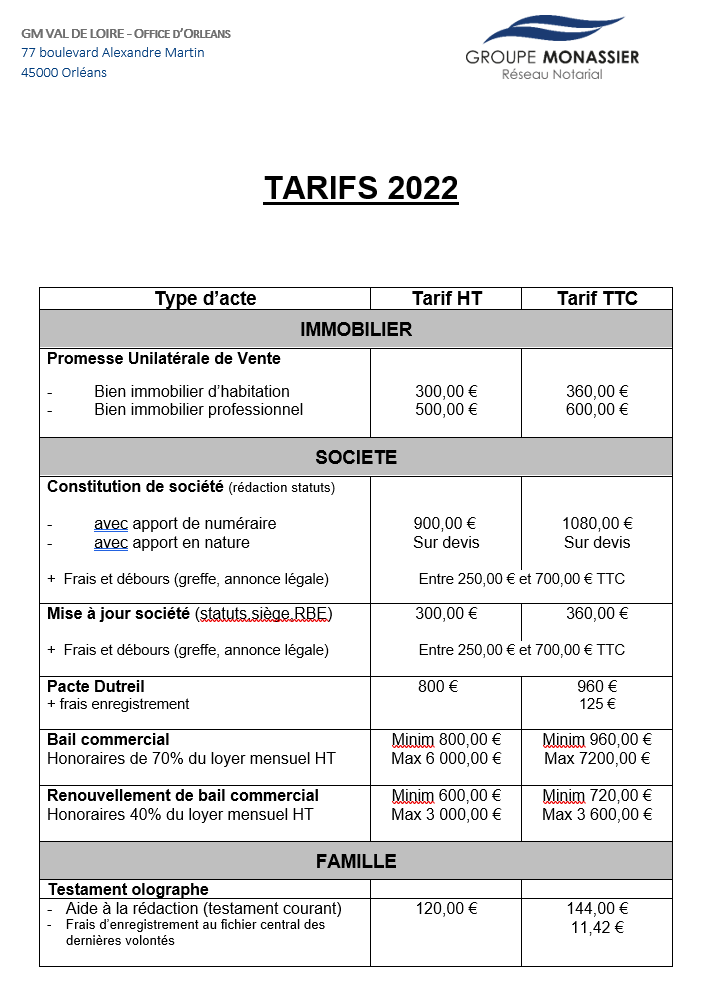 Tarifs 2021 - GM Val de loire - Orléans